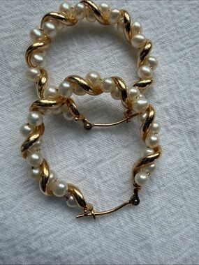 Vintage 14k Solid Gold Pearl Twist Hoop Earrings 4.8 grams